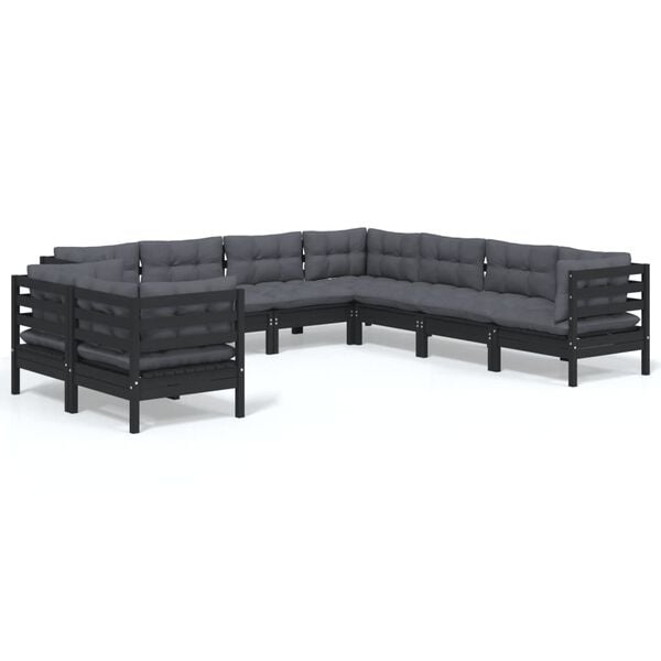 vidaXL 9 pcs conjunto lounge jardim c/ almofad&otilde;es pinho maci&ccedil;o preto