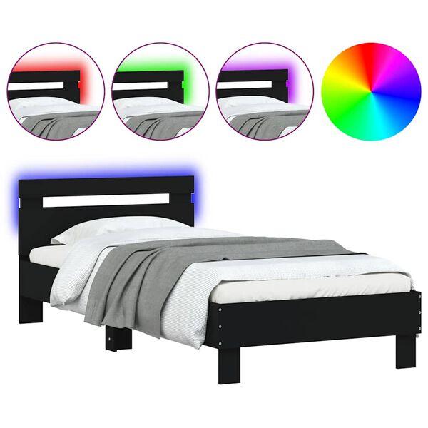 vidaXL Estrutura de cama com cabeceira e luzes LED 75x190 cm preto