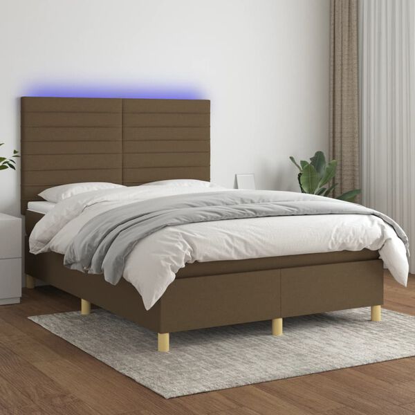 vidaXL Cama box spring c/ colch&atilde;o/LED 140x200cm tecido castanho-escuro