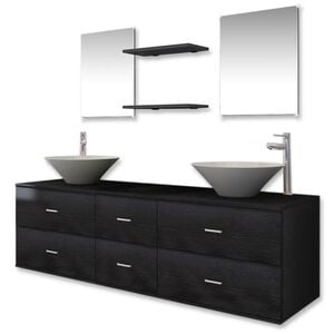 vidaXL 9 pcs conj. m&oacute;veis casa de banho c/ lavat&oacute;rio e torneira preto