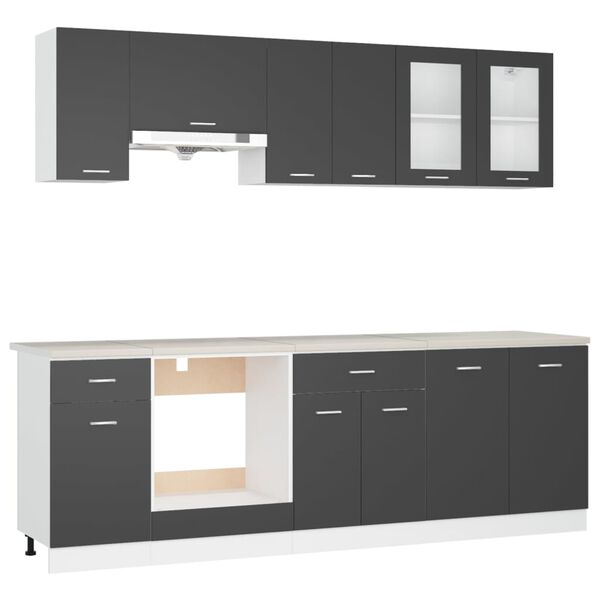 vidaXL 8 pcs conj. arm&aacute;rios de cozinha com bancada aglomerado cinzento