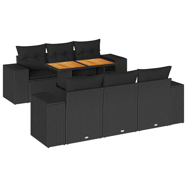 vidaXL 7 pcs conjunto de sof&aacute;s p/ jardim c/ almofad&otilde;es vime PE preto
