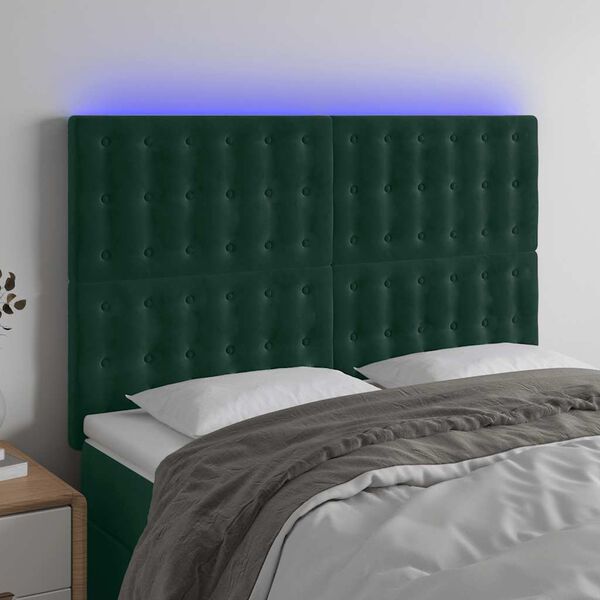 vidaXL Cabeceira de cama c/ LED veludo 144x5x118/128 cm verde-escuro