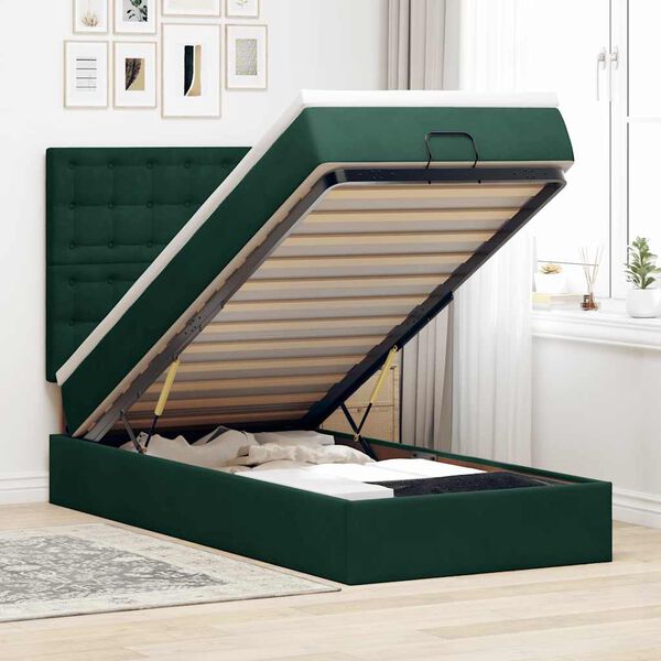 vidaXL Estrutura cama otomana colch&otilde;es 90x190cm veludo verde escuro
