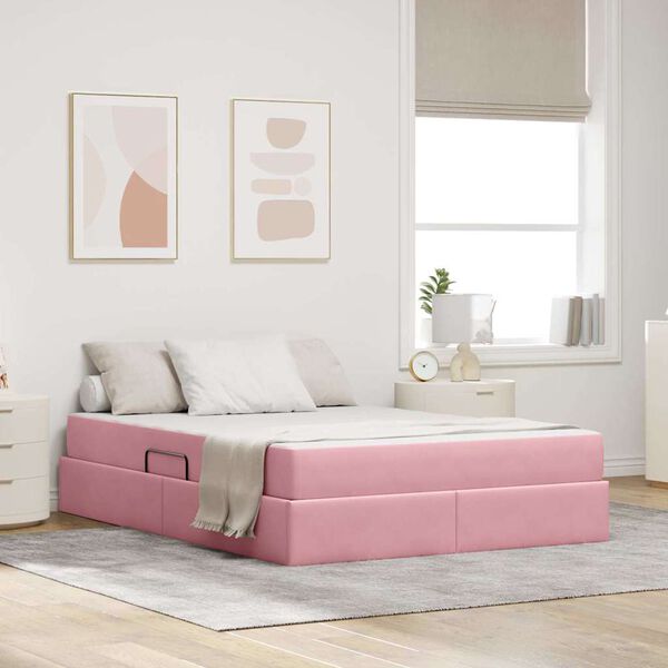 vidaXL Cama com arruma&ccedil;&atilde;o e colch&atilde;o Rosa 140 x 200 cm Veludo