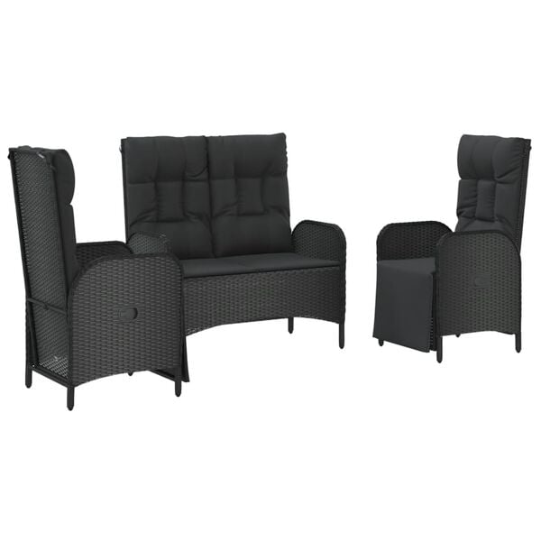 vidaXL 3 pcs conjunto de jantar p/ jardim c/ almofad&otilde;es vime PE preto