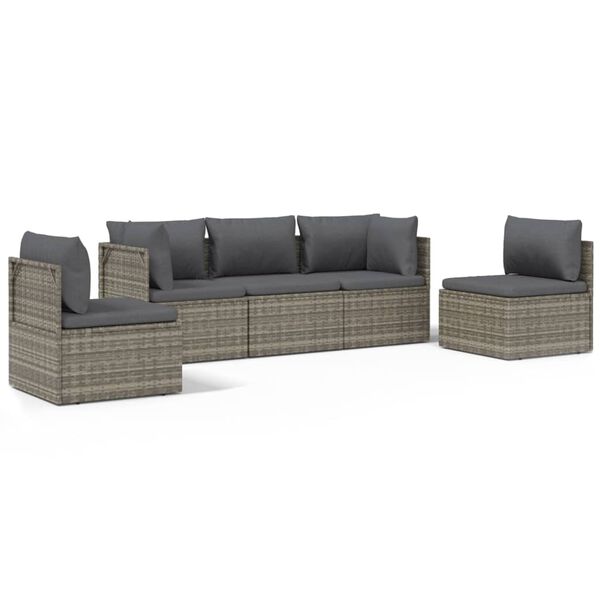 vidaXL 5 pcs conjunto lounge de jardim c/ almofad&otilde;es vime PE cinzento