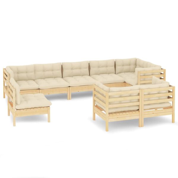 vidaXL 9 pcs conjunto lounge jardim c/ almofad&otilde;es creme pinho maci&ccedil;o