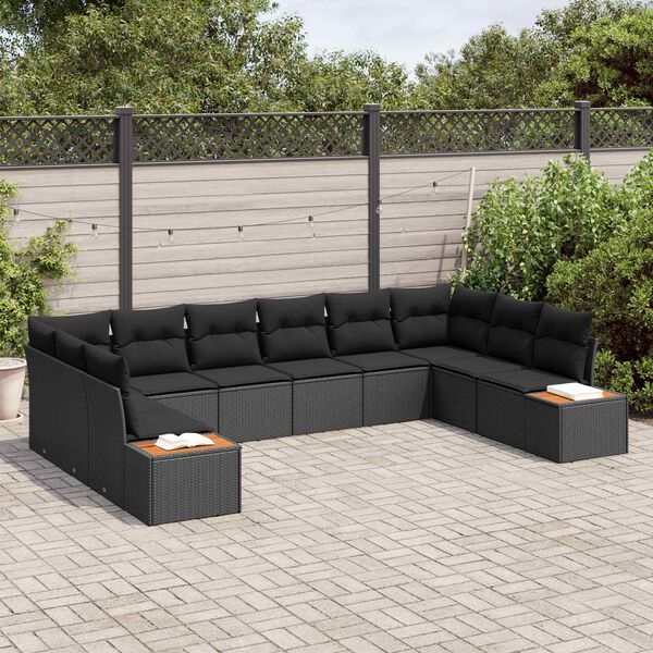 vidaXL Conjunto de Sof&aacute; de Jardim com almofada 10 pcs Preto Polirattan