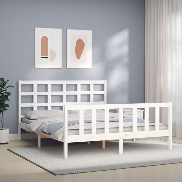 vidaXL Estrutura de cama King Size com cabeceira madeira maci&ccedil;a branco