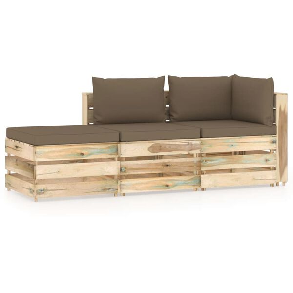 vidaXL 3 pcs conj. lounge jardim c/ almofad&otilde;es madeira impreg. verde