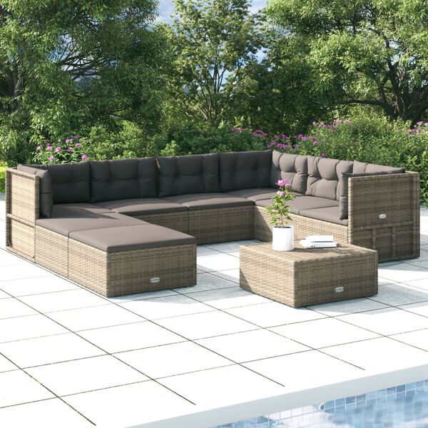 vidaXL 8 pcs conjunto lounge de jardim c/ almofadões vime PE cinzento