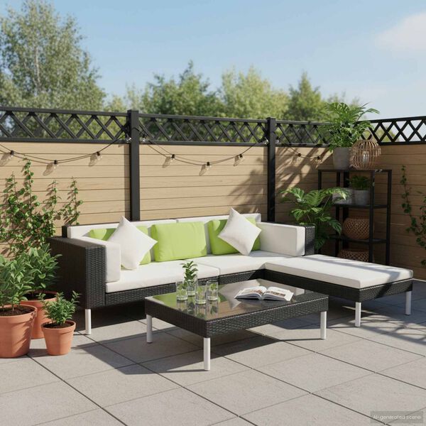 vidaXL 4 pcs conjunto lounge de jardim c/ almofadões vime PE preto