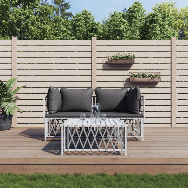 vidaXL 3 pcs conjunto lounge de jardim com almofadões aço branco