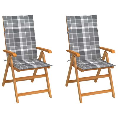 vidaXL Cadeiras jardim c/ almofadões xadrez cinzento 2 pcs teca maciça