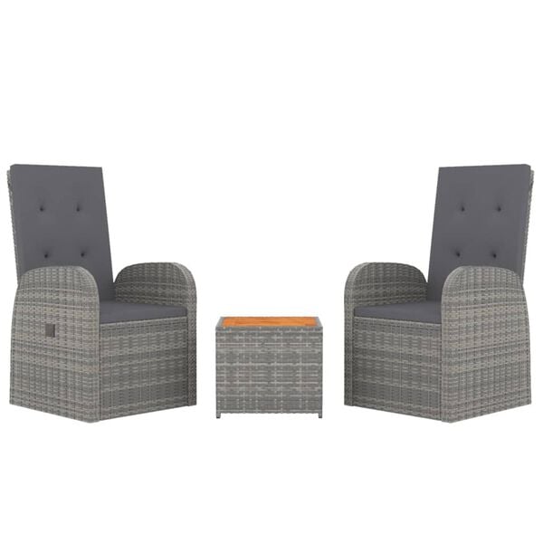 vidaXL 3 pcs conjunto lounge de jardim vime PE/acácia maciça cinza
