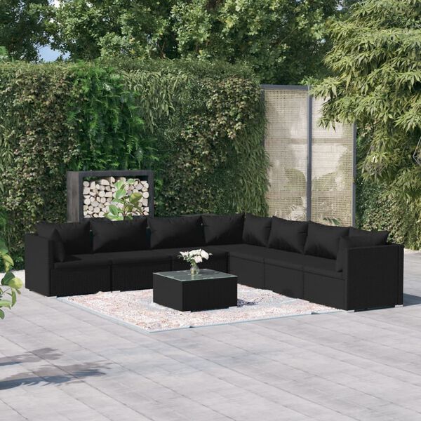 vidaXL 8 pcs conjunto lounge de jardim c/ almofad&otilde;es vime PE preto
