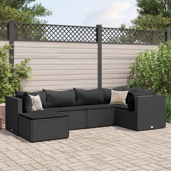 vidaXL 6 pcs conjunto lounge de jardim c/ almofadões vime PE preto