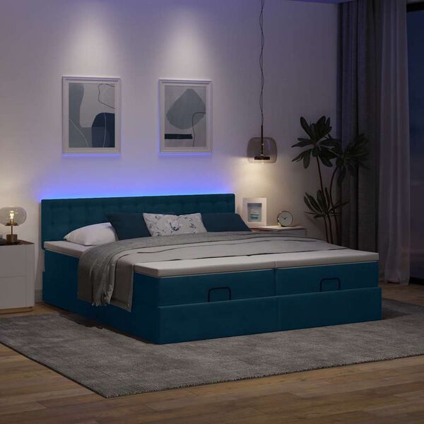 vidaXL Cama otomana com colch&otilde;es/LEDs 200x200 cm veludo azul-escuro