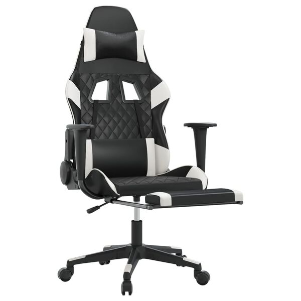 vidaXL Cadeira gaming massagens c/ apoio pés couro artif. preto/branco