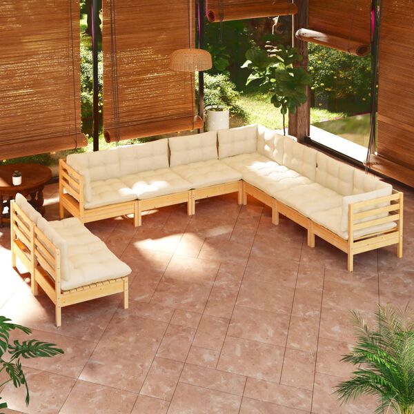 vidaXL 9 pcs conjunto lounge jardim c/ almofad&otilde;es creme pinho maci&ccedil;o