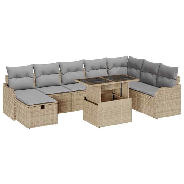 vidaXL Conjunto de Sof&aacute; de Jardim 9 pcs Bege Rattan Sint&eacute;tico