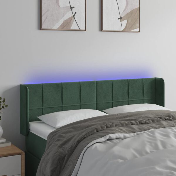 vidaXL Cabeceira cama c/ luzes LED veludo 147x16x78/88 cm verde-escuro
