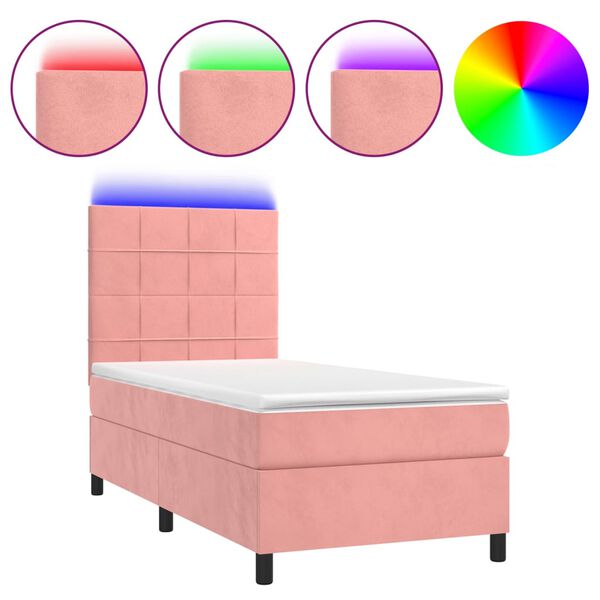 vidaXL Cama box spring c/ colch&atilde;o/LED 100x200 cm veludo rosa