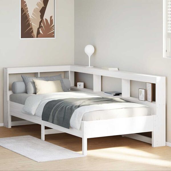 vidaXL Cama com estante sem colch&atilde;o 90x190 cm pinho maci&ccedil;o branco