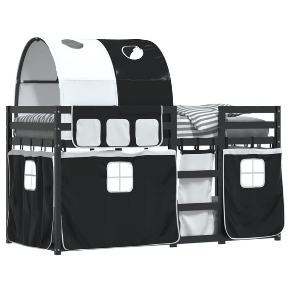 vidaXL Beliche com cortinas 90x200 cm pinho maci&ccedil;o branco e preto