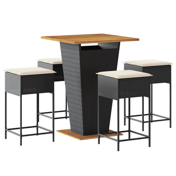 vidaXL 5 pcs conjunto de bar p/ jardim c/ almofad&otilde;es vime PE preto