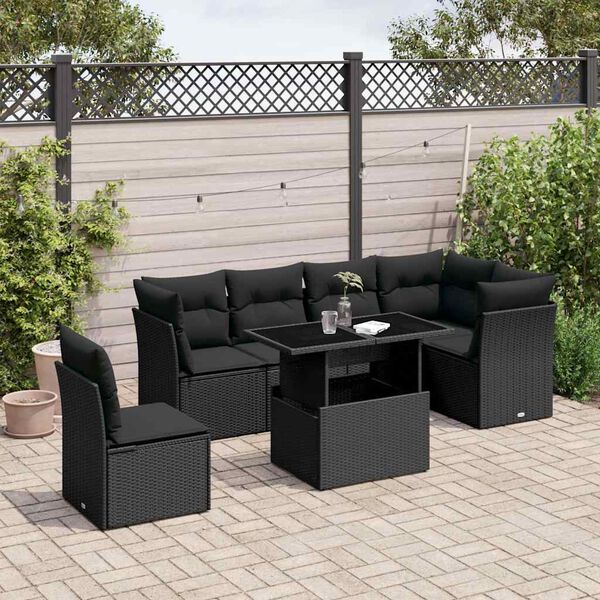 vidaXL 7 pcs conjunto de sof&aacute;s p/ jardim c/ almofad&otilde;es vime PE preto