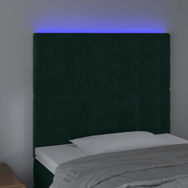 vidaXL Cabeceira de cama c/ LED veludo 100x5x118/128 cm verde-escuro