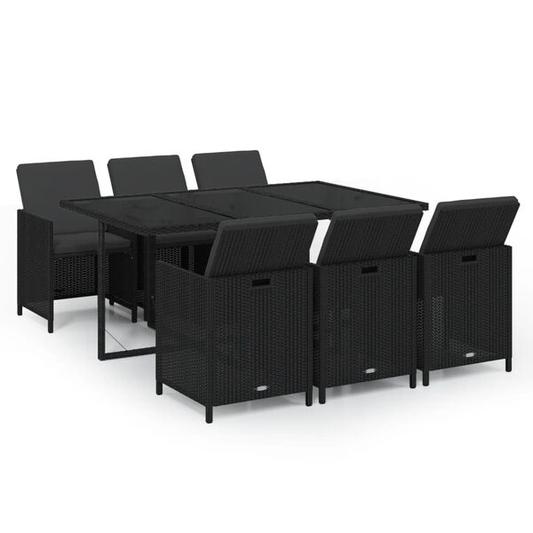 vidaXL 7 pcs conjunto de jantar p/ jardim c/ almofad&otilde;es vime PE preto