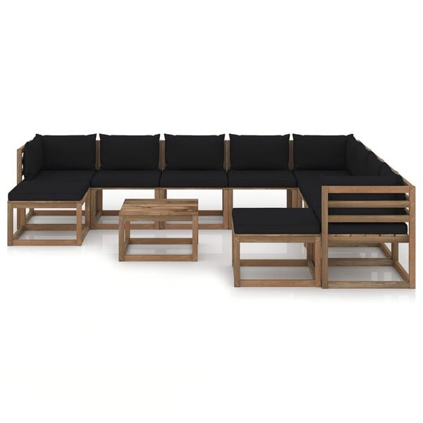 vidaXL 11 pcs conjunto lounge para jardim com almofad&otilde;es pretos