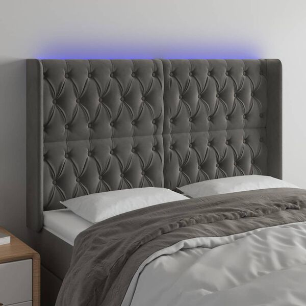 vidaXL Cabeceira de cama c/ LED veludo 163x16x118/128 cm cinza-escuro