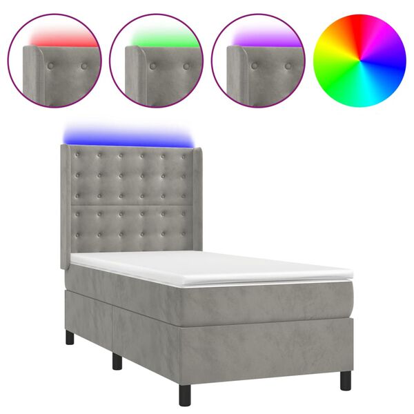 vidaXL Cama box spring c/ colch&atilde;o/LED 90x190 cm veludo cinzento-claro