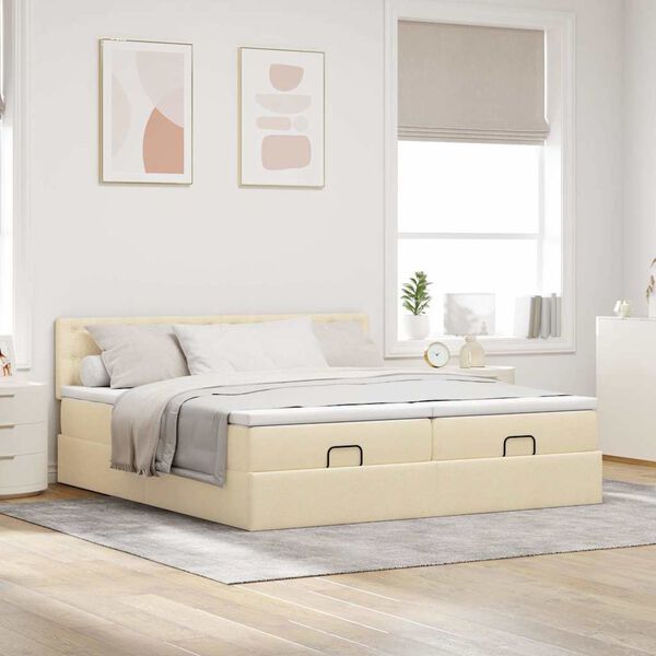 vidaXL Estrutura de cama otomana com colch&otilde;es tecido creme 160x200cm
