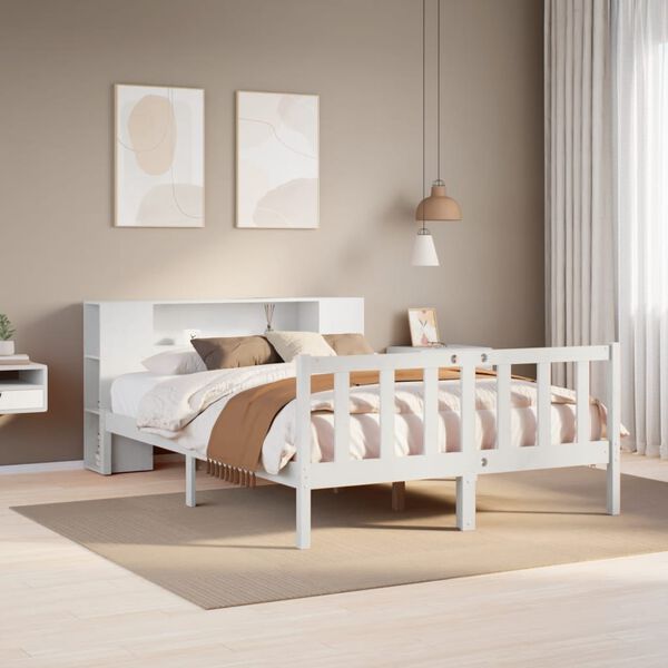vidaXL Cama com estante sem colchão 120x190 cm pinho maciço branco