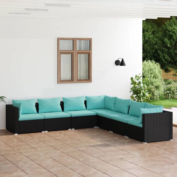 vidaXL 7 pcs conjunto lounge de jardim c/ almofad&otilde;es vime PE preto