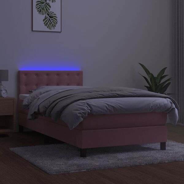 vidaXL Cama box spring c/ colch&atilde;o/LED 100x200 cm veludo rosa