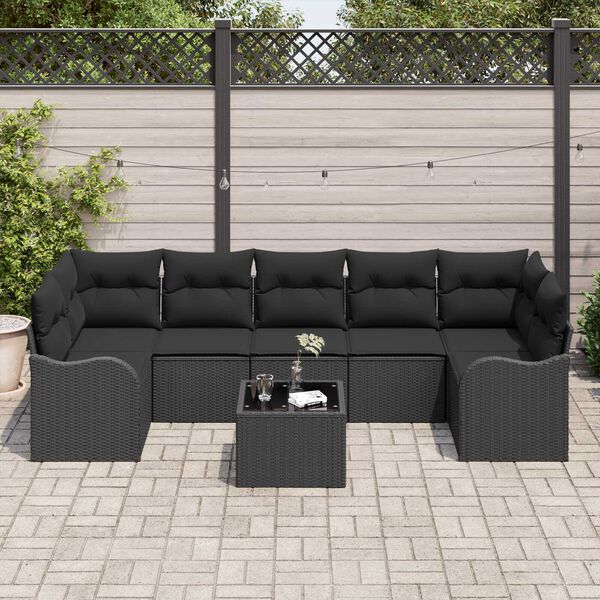 vidaXL Conjunto de Sof&aacute; de Jardim 8 pcs Preto Rattan e A&ccedil;o e Vidro
