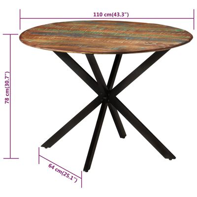 vidaXL Mesa de jantar Ø110x78 cm madeira recuperada maciça e aço
