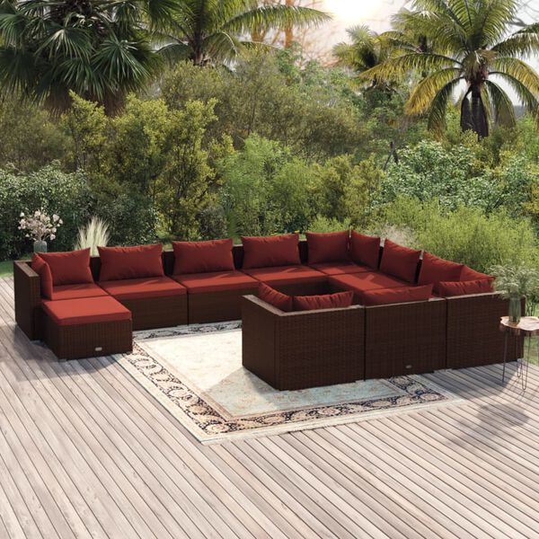 vidaXL 11 pcs conjunto lounge jardim c/ almofad&otilde;es vime PE castanho