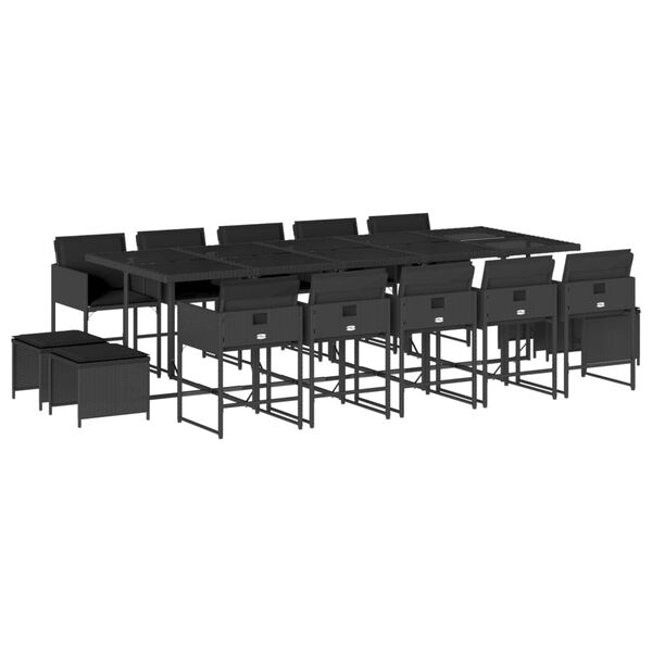 vidaXL 15 pcs conjunto de jantar p/jardim com almofad&otilde;es vime PE preto