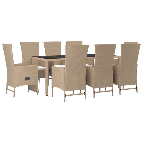 vidaXL 9 pcs conjunto de jantar p/ jardim com almofad&otilde;es vime PE bege