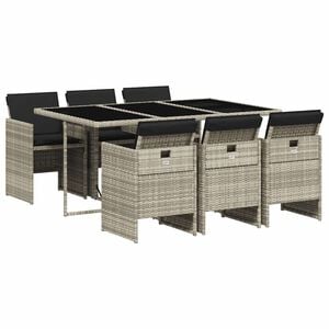 vidaXL 7 pcs conj. jantar p/ jardim c/ almofad&otilde;es vime PE cinza-claro