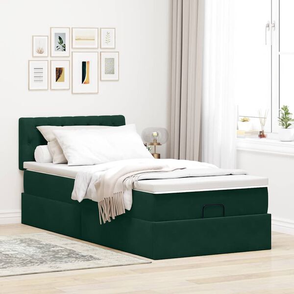 vidaXL Estrutura de cama otomana com colch&atilde;o verde escuro veludo