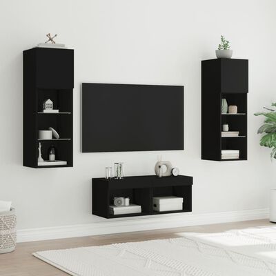 vidaXL 4 pcs móveis de parede para TV com luzes LED preto