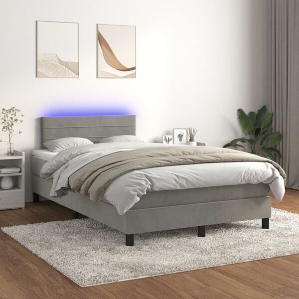 vidaXL Cama box spring c/ colch&atilde;o/LED 120x200 cm veludo cinzento-claro